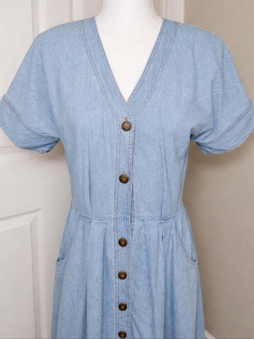 Vintage 90s Studio Ease Denim Midi Dress USA Button Front Country Western - Picture 2 of 11